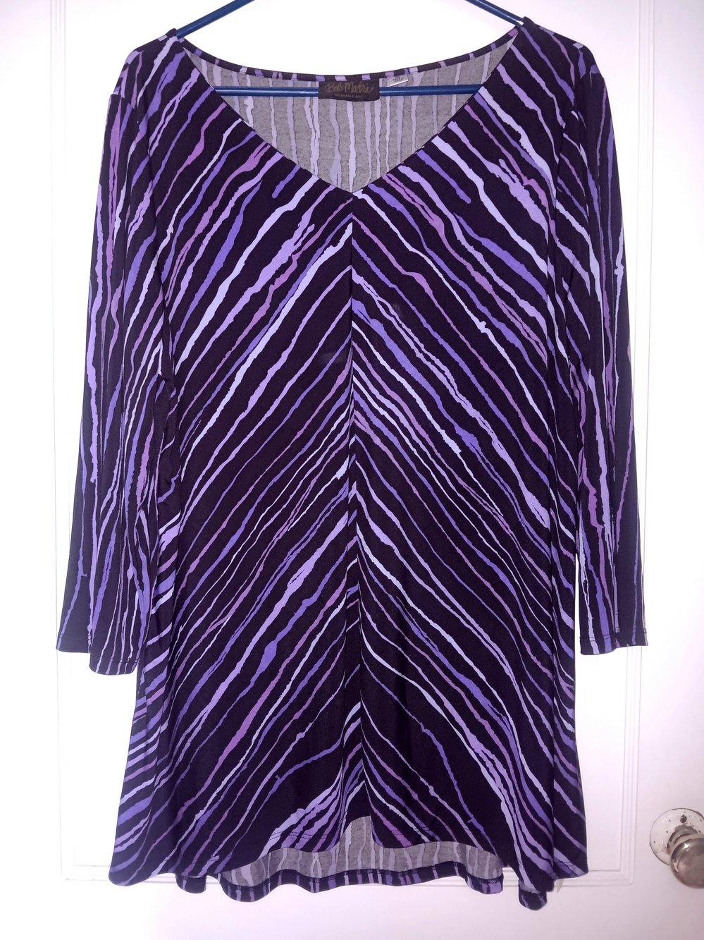 Bob Mackie Designer Black Purple Chevron Diagonal Stripe V-Neck Stretch Tunic XL